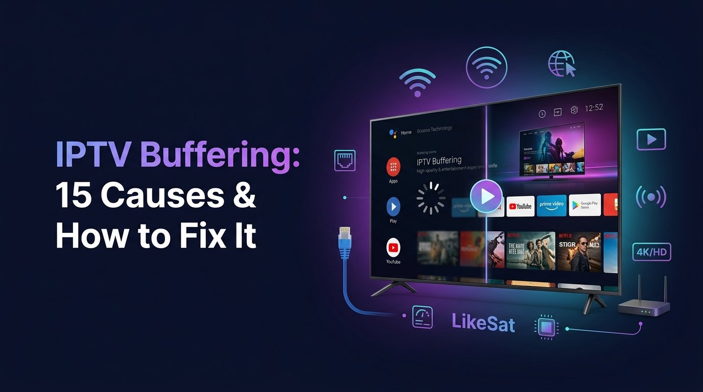IPTV buffering troubleshooting guide showing a Smart TV and streaming connection