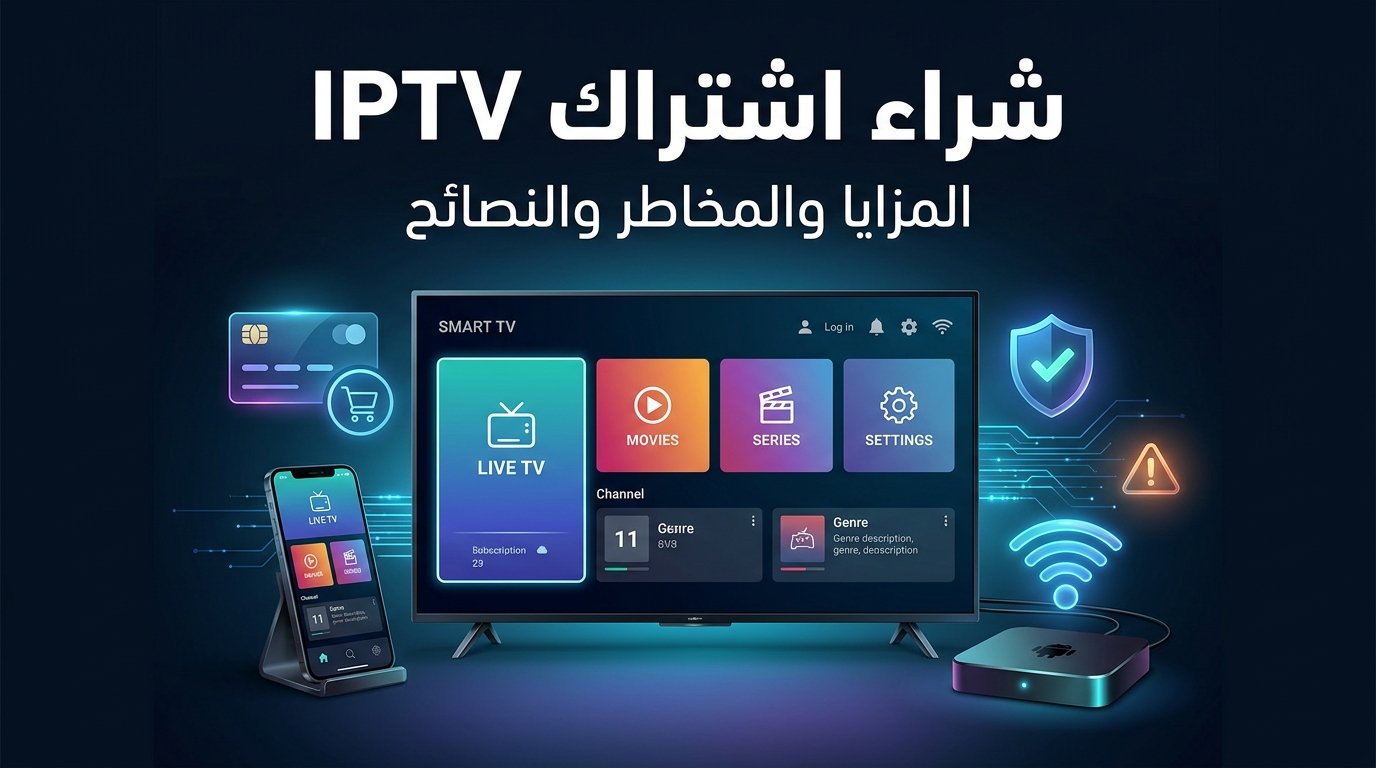شراء اشتراك IPTV مع توضيح المزايا والمخاطر والنصائح لاختيار خدمة IPTV مناسبة.